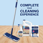 Bona mop, spray bottle, refill jug and microfiber pad package arranged on a wood floor under promotional text