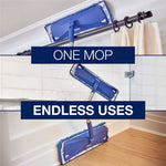 Three-scene collage showing Bona mop used on curtain rod, shower tile and baseboard with headline ‘ONE MOP ENDLESS USES’