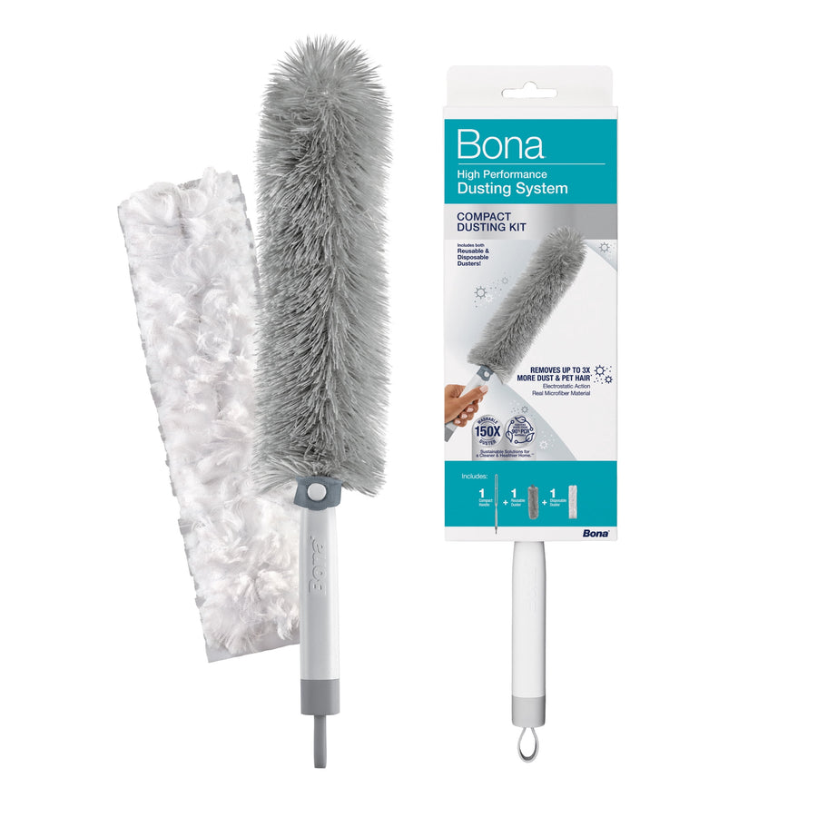 Bona compact dusting kit showing grey reusable duster, disposable cover and packaged handle
