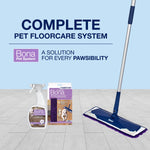 Product lineup showing Bona Pet System bottle, microfiber sweeping pads box and a Bona mop with headline “COMPLETE PET FLOORCARE SYSTEM.”