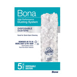Close-up of Bona product box for disposable dusters with a single white microfiber duster image and 5-pack callout