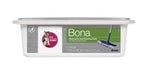 Clear plastic tub of Bona disposable wet cleaning pads shown on white background with full front product label