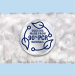 Close-up of white microfiber duster texture with a circular badge stating 'Dusters made from 90% PCR materials' on a light blue background