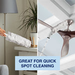 Split lifestyle image showing a Bona disposable duster used for quick spot cleaning on furniture and ceiling fan, with slogan text