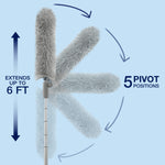 Graphic showing Bona duster head pivoting through five positions with arrow indicators and text stating it extends up to 6 ft.