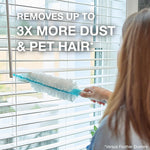 Person using a Bona microfiber duster on window blinds with text overlay claiming it removes up to 3x more dust and pet hair