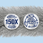 Macro view of gray microfiber duster fibers with two circular icons stating 'Washable 150X Duster' and 'Dusters made from 90% PCR materials'.