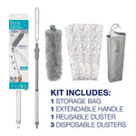 Bona dusting kit components and retail packaging displayed with text listing kit includes storage bag, handle, reusable and disposable dusters.