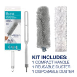Bona product layout with packaged handle, plastic compact handle, grey reusable duster and white disposable sleeve