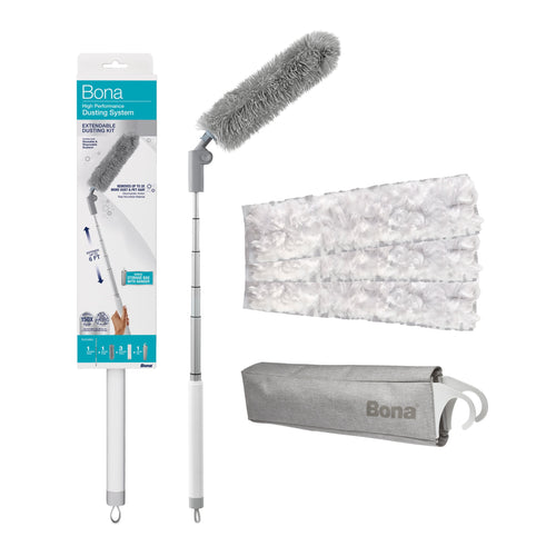 Product layout showing Bona extendable pole, gray reusable duster head, three white disposable duster refills and gray storage bag on white background.