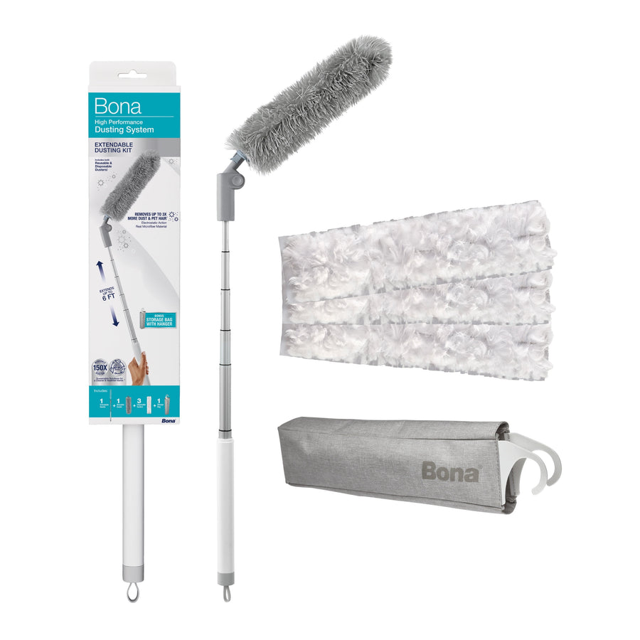 Product layout showing Bona extendable pole, gray reusable duster head, three white disposable duster refills and gray storage bag on white background.