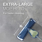 Top-down view of Bona extra-large mop head on a hard floor with XL arrow and text promoting faster cleaning