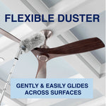 Bona extendable duster head shown cleaning a ceiling fan in a room scene with overlay text 'Flexible Duster' and usage copy.