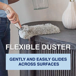 Person using the flexible grey Bona duster on a cabinet surface with text highlighting flexible duster feature