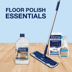 Product grouping on a light wood floor showing Bona polish bottle, mop, cleaning pads and spray under the heading 'Floor Polish Essentials'
