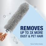 Close-up of grey Bona reusable duster head with graphic text claiming removes up to 3x more dust and pet hair