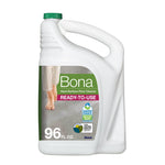 White Bona hard-surface floor cleaner jug with green cap and label showing bare feet on tile, 96 fl oz marking