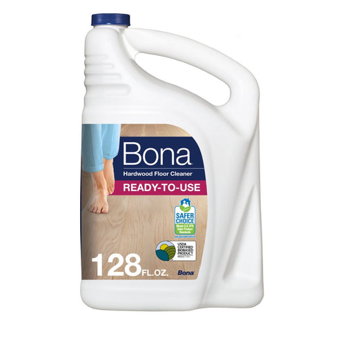 White plastic jug of Bona Hardwood Floor Cleaner with label reading ready-to-use and 128 fl. oz., on white background.