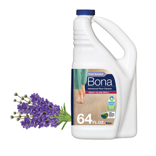 White Bona hardwood floor cleaner refill jug with label and lavender sprig beside it, 64 fl. oz. marking visible