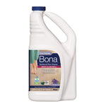 Front view of white Bona hardwood floor cleaner refill jug showing label, feet on wood graphic and 64 fl. oz. text