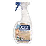 Bona Hardwood Floor Cleaner spray bottle front showing label with feet on wood floor and product claims about revealing natural shine.