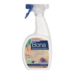 Front view of a Bona hardwood floor cleaner spray bottle with lavender thyme label and wood floor graphic