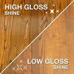 Diagonal split image comparing high gloss and low gloss hardwood finishes with bold text indicating 'High Gloss Shine'