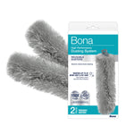 Two gray microfiber duster refills next to their Bona High Performance Duster System retail box on white background.