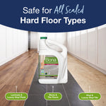 Bona cleaner jug centered on a floor sample background with text claiming safe for all sealed hard floor types