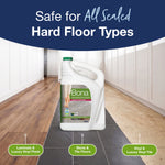 Bona 128 fl oz refill jug centered on a floor showing different sealed hard floor types and labels