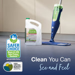 Bona 128 fl oz refill jug next to a Bona spray mop with Safer Choice and biobased certification badges