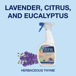 Bona cleaner bottle with lavender sprig on a light blue background and bold text listing 'Lavender, Citrus, and Eucalyptus' and 'Herbaceous Thyme'