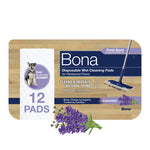 Packaging tray for Bona disposable wet cleaning pads with lavender imagery, 12 pads label and wood floor background.