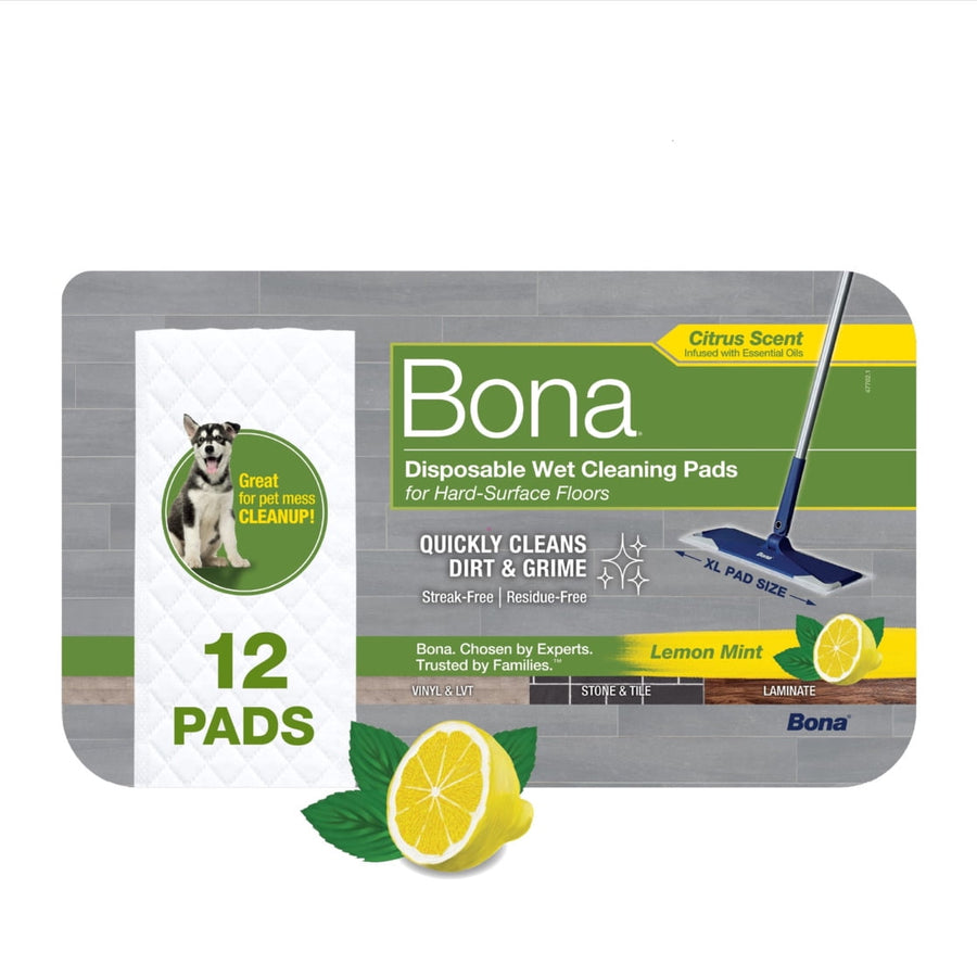 Bona branded package design showing 12 disposable wet cleaning pads with lemon graphic and pet-friendly callout