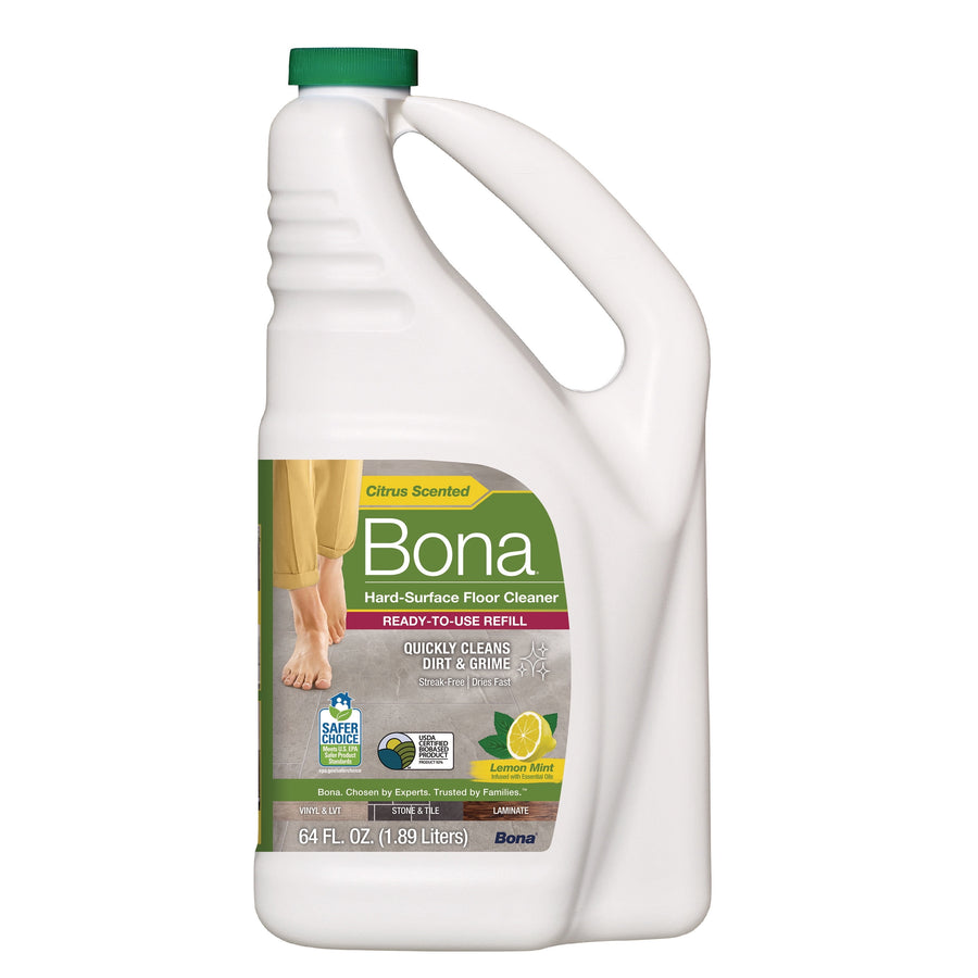 Front view of Bona hard-surface floor cleaner 64 fl. oz. refill jug showing label, green cap, and foot-on-floor image