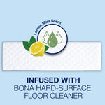 Single disposable Bona cleaning pad displayed with lemon and mint graphic and label indicating lemon mint scent