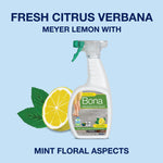 Bona spray bottle with lemon graphic and text describing fresh citrus verbena and mint floral aspects