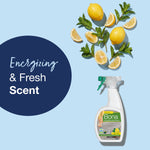 Top-down arrangement of lemons and mint with a Bona spray bottle and circle reading Energizing & Fresh Scent