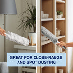 Split lifestyle images showing Bona reusable grey duster cleaning shelving and white disposable duster used on a table