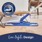 Low-profile Bona mop head cleaning beneath a pet bowl with close-up inset highlighting rubberized corners
