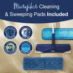 Top-down product graphic of Bona mop head with microfiber cleaning pad and sweeping pad plus circular feature icons