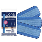 Bona branded retail box next to three blue dual-zone microfiber mop pads on white background