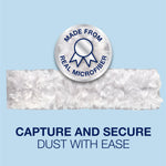 White Bona microfiber duster strip on blue background with a round badge reading 'Made from Real Microfiber' and caption about capturing dust