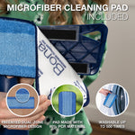 Close-up of person attaching Bona microfiber cleaning pad to mop head with callouts about pad design and washability