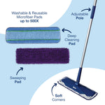 Graphic of Bona mop with adjustable pole and two microfiber pads labeled sweeping pad and deep cleaning pad