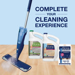 Product lifestyle image showing a Bona spray mop alongside Bona cleaning solution jugs and microfiber pad packaging