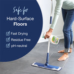 Person using a Bona mop while holding a Bona spray bottle, with text panel listing fast drying, residue free and pH-neutral