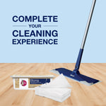 Bona mop and tub of disposable pads arranged on hardwood floor with copy reading 'Complete your cleaning experience'