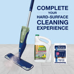 Bona spray mop, 128 fl. oz. cleaner jug and microfiber pads arranged on tile with text about hard-surface cleaning