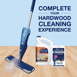 Bona spray mop displayed with a Bona cleaner jug and a pack of Bona microfiber cleaning pads on a light wood floor beneath promotional headline text.